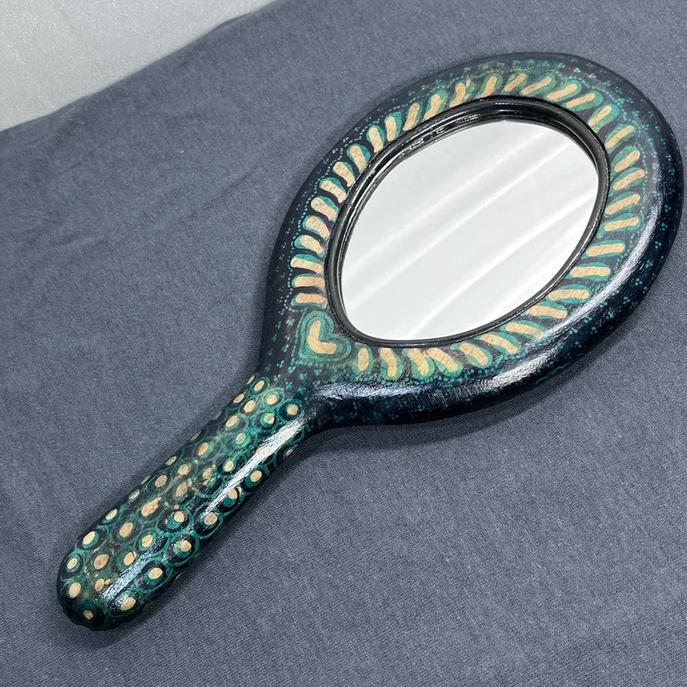 Hand Painted Wood Hand Mirror Teal Floral Folk Art Bohemian Vanity Accessory